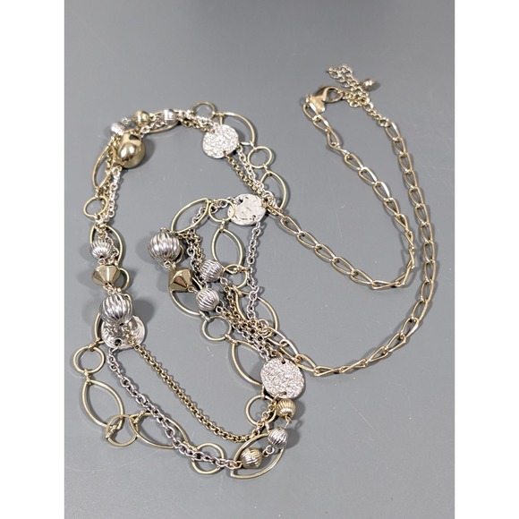 Chicos Two Tone Multi Chain Long Necklace Hammered Oval Link Boho Coastal Chic - Picture 2 of 10